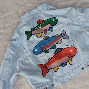 SMALL LEVIS WOMEN'S Hand Painted Fish Denim, Jean Jacket, Vintage Upcycled Embel